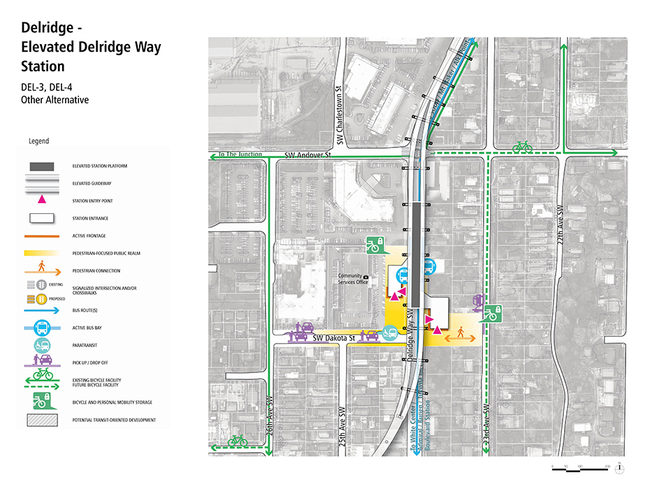 A map that describes how pedestrians, bus riders, bicyclists, and drivers could access the Delridge - Elevated Delridge Way Station.